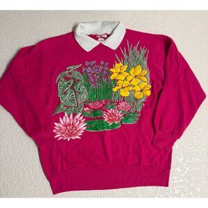 Vintage Jane Colby Floral Garden Sweatshirt Pink Collared M USA